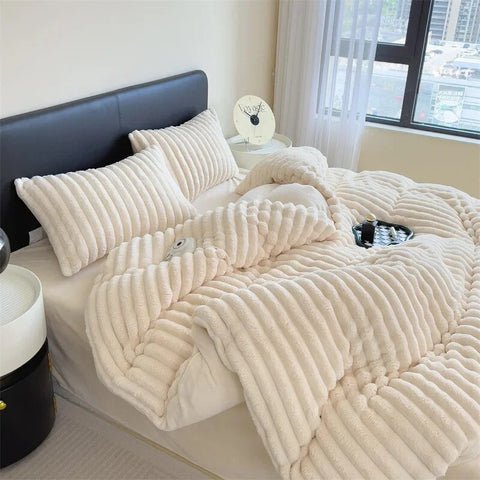 Sonicelife Winter Thickened Plush Warm Duvet Cover Set Solid Color Luxury High Quality Quilt Cover Sheet Pillowcase 4pcs Queen Bedding Set