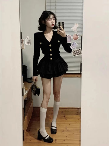 Sonicelife 2025 Spring Korea Fashion Knitted Suit Black Slim 2 Piece Skirt Set Casual Elegant Sweater + Women Outwear Casual Y2k Mini Skirt