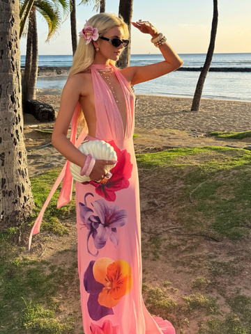 Sonicelife Elegant Lady Print Midi Dress Casual Holiday Deep V With Scarf Open Back Dresses New Woman Summer Vocation Beach Gowns Robe 2025