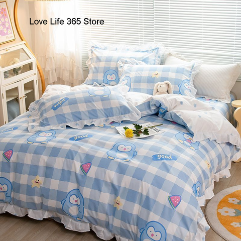 Sonicelife Cute Bear Printed Bedding Set Ins Solid Color Linen And Duvet Cover With Pillowcases Single Double Full Size For Kids Adults