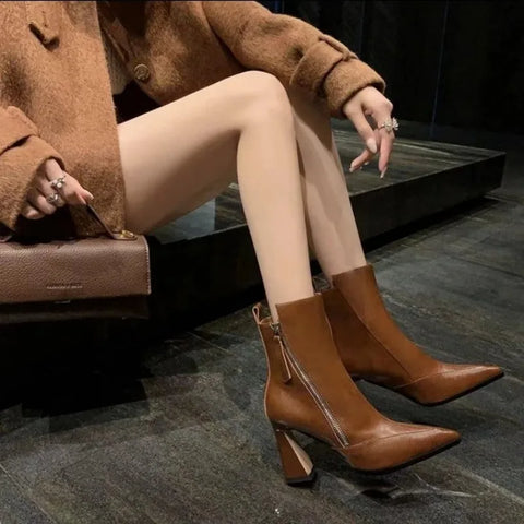 Sonicelife 2025 Women Fashion Ankle Boots High heels thick heels Zipper Leather Square Toe Autumn Winter Boots Shoes Size 34-39