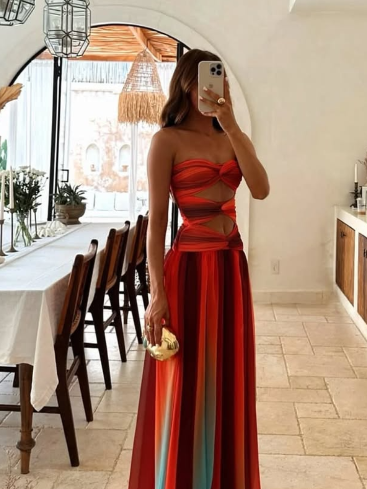 Sonicelife Chic Tie-dye Gradient Women's Dress Fashion Hollow Out Pleated Sling A-line Maxi Dresses New Summer Lady Holiday Beach Robe 2025