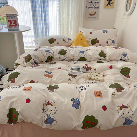 Sonicelife Ins Korean Cartoon Little Bear Cute Bedding Set Autumn Winter Polyester Bed Sheet Pillowcase Twin Full Queen Size Quilt Cover