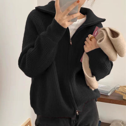 Sonicelife Vintage Zipper Women Cardigan Sweaters Korean Casual Long Sleeve Lazy Wind Knitted Coat Fall Retro Turn Down Collar Tops
