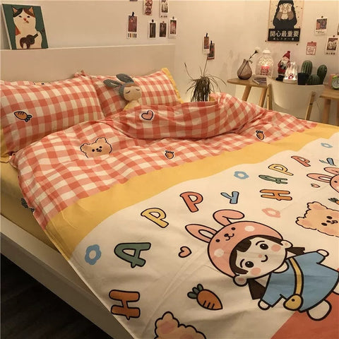 Sonicelife Ins Pink Cute Duck Cartoon Fruit Printed Bedding Set Soft Queen King Size Flat Bed Sheet Quilt Cover Pillowcase Kawaii