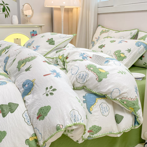 Sonicelife Cartoon Dinosaur Bedding Set Bed Flat sheet Pillowcase Twin Full Queen Princess Style Bed Linen Kids Girls Duvet Cover No Filler