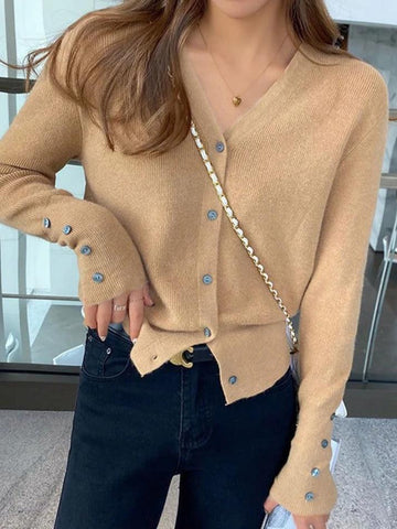 Back To School Sonicelife Solid Color V Neck Button Decor Cardigan