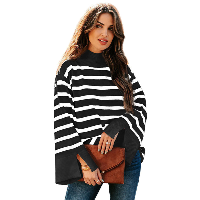 Black Friday Sonicelife Casual Striped Turtleneck Sweater Women Knitted Loose Long Sleeve Thin Pullover Sweaters Female Autumn Chic All-matching Outwear