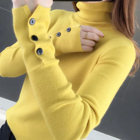 Sonicelife Women Turtleneck Solid Warm Sweater Buttons Long Sleeve Knit Basic Pullover Slim Office Jumper For Women 2024 Autumn Winter