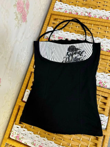 Sonicelife Summer Y2k Subculture Punk Vintage Fake Two Piece Halter Tops Women Sexy Gothic American Retro Casual Chic Wrap Black Chest Vset