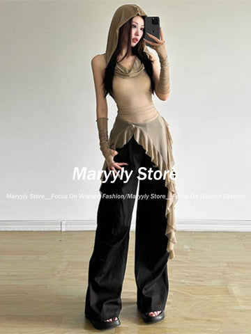 Sonicelife Y2K Vintage 90s Grunge Mesh See Through Hooded Tops Streetwear Irregular Hem Ruffles Hoodie Women Slim Blouse with Cuffs New