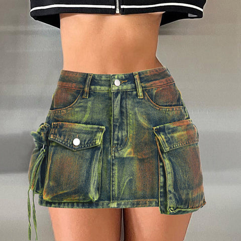 Sonicelife Y2k Fashion Women Multi-pockets Denim Cargo Skirts Tie Dye Denim Mini Skirt Streetwear Lady Hiphop Bodycon Skirts Party Summer