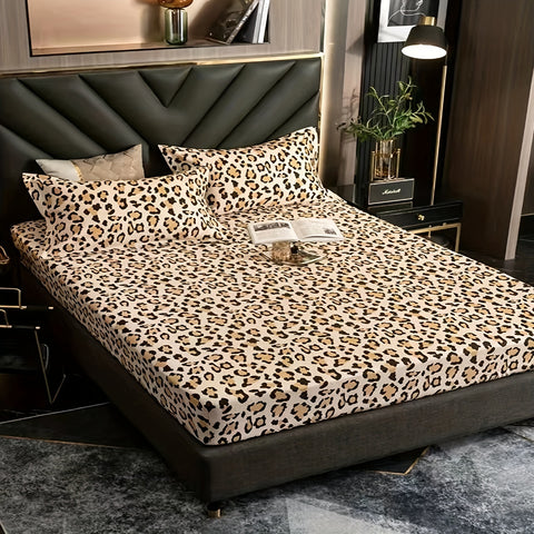 Sonicelife 3pcs Stylish Leopard Print Fitted Bed Sheet Set for Bedroom Soft and Comfortable Bedding Set Bed Sheet with Pillowcases (1pc