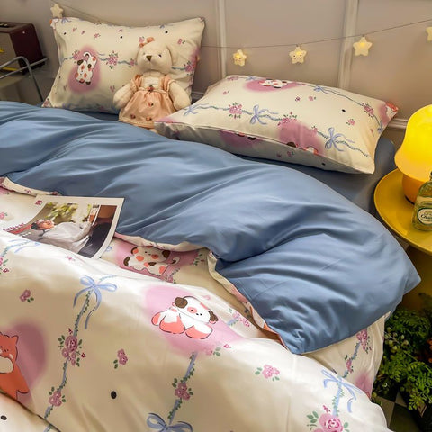 Sonicelife Cute Bedding Set Kawaii Cartoon Boys Girls Ins Duvet Cover with Zipper No Filler Flat Sheet Pillowcase Queen Size Bed Linens