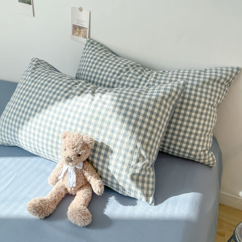 Sonicelife 2024 New Bedding Set Ins Nordic Style Blue Grid Washed Cotton 4 pcs Bed Sheet Set For Girls Duvet Cover and Pillowcase