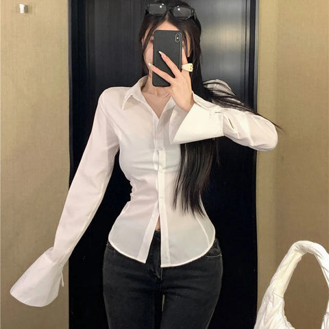 Sonicelife Y2K White Shirts Women Streetwear Bandage Crop Tops Spring Korean Fashion Black Flare Long Sleeve Slim All Match Blouses