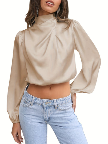 Sonicelife-Women Satin Blouses Dressy Cowl Neck Long Sleeve Crop Tops