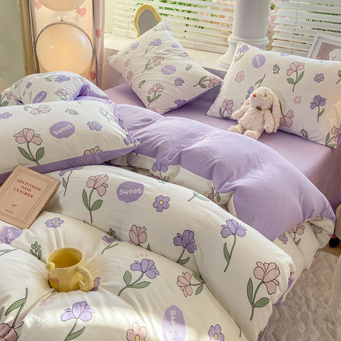 Sonicelife European style floral washed cotton four piece bedding set, student dormitory bedding set, bed sheets, pillowcases, three piece