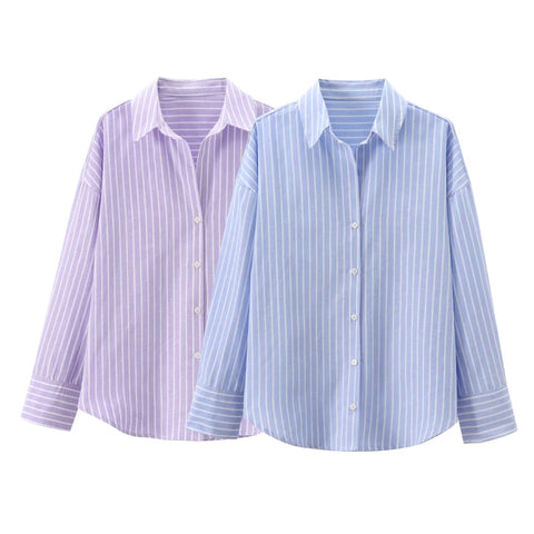 Sonicelife Women's Striped Shirt Oxford Fabric Simple Casual Versatile Single Breasted Long Sleeved Top New