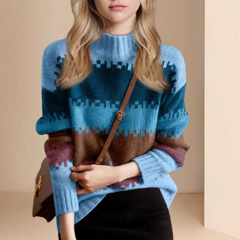 Sonicelife Retro American Striped Sweaters Women Casual Loose Streetwear Knitted Pullovers Fall Vintage Lady Turtleneck Design Jumpers