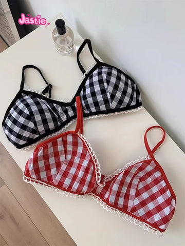 Sonicelife Bow Embroidery White Sweet Women Camis With Plaid Bras Cotton Blend Chic Spicy Girls Y2K Tank Tops Tight Sexy Two Piece Crop Top