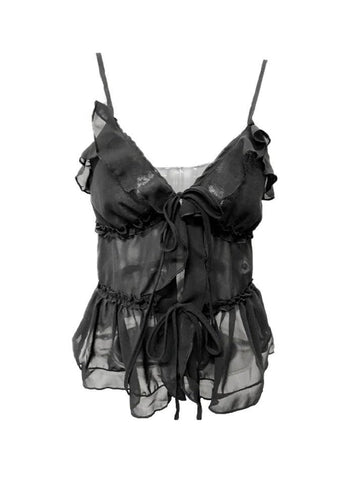 Sonicelife See Through Ruffled Trim Tie Up Cami Top