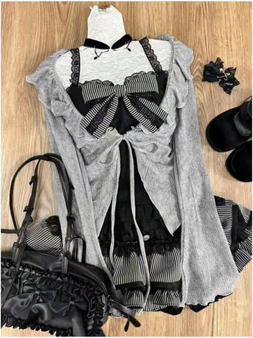 Sonicelife Sweet Lolita Lace Up Ruffles Cardigan Sexy Slim Fit Strapless Tanks High Waist Folds Skirts Early Spring Women Three Piece Sets