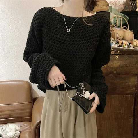 Black Friday Sonicelife Sexy Hollow Out Knit Sweater Women Y2K Korean Loose Long Sleeve O Neck Pullovers Autumn Thick Warm Solid All Match Jumpers New