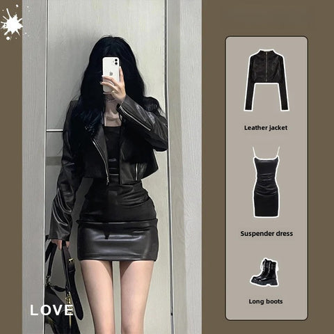 thanksgiving outfit Sonicelife 2024 Autumn New Women's Cropped Leather Jacket Tank Dress Slimming Bodycon Skirt Trendy Fashionable Female Dress Set