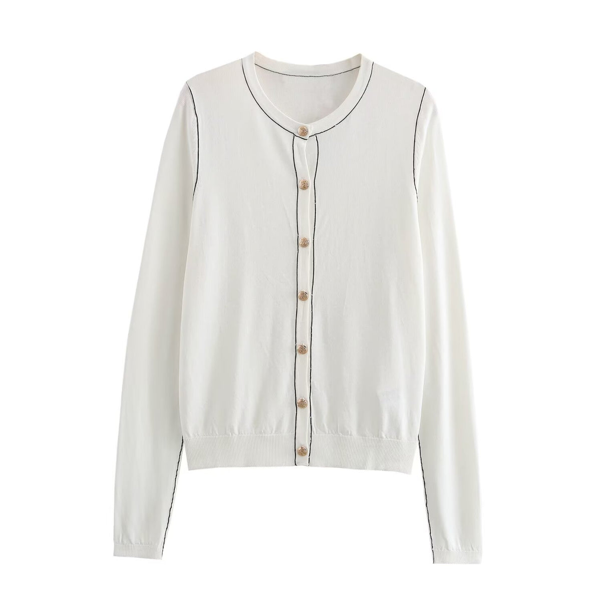 Sonicelife Women's Knitted Cardigan Round Neck Color Contrast Single Breasted Decorated Commuter Temperament Casual Long-Sleeved New