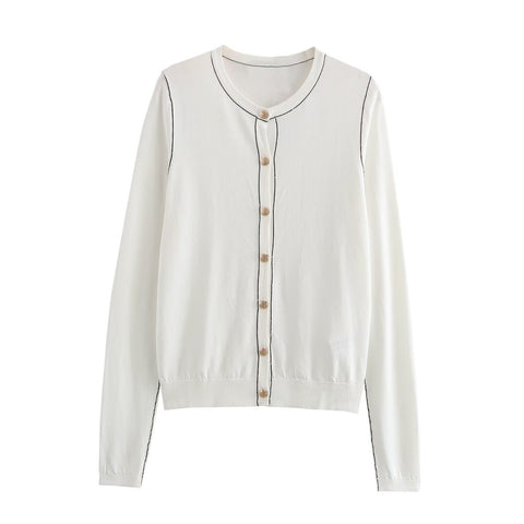 Sonicelife Women's Knitted Cardigan Round Neck Color Contrast Single Breasted Decorated Commuter Temperament Casual Long-Sleeved New