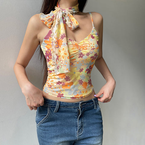 Sonicelife Camis Y2k Sweet Girl 90s Vintage Clothes Sling Flower Summer Slim Mesh Women Korea Harajuku Femme Crop Top Grunge Tank Clothing