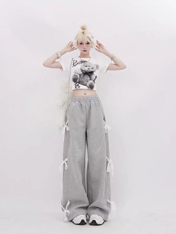 Sonicelife Women's Grey Lace Lace-up Pants Vintage Y2k Harajuku 90s Aesthetic Sweatpants Retro High Waist Wide Trousers 2000s Clothes 2025