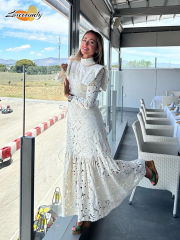 Sonicelife Elegant Hollowed Lace Maxi White Dress Women Fashion Mock Neck Long Sleeved Shoulder Padded Robes 2025 Evening Women's Clothing
