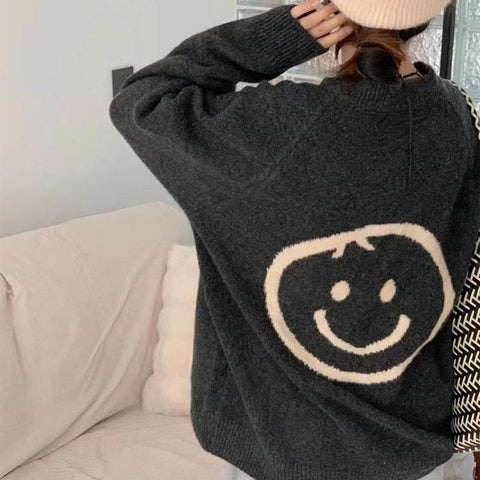 christmas outfit Sonicelife Smiley face jacquard pullover sweater coat Korean style loose round neck long sleeve knitted bottoming shirt casual y2k tops