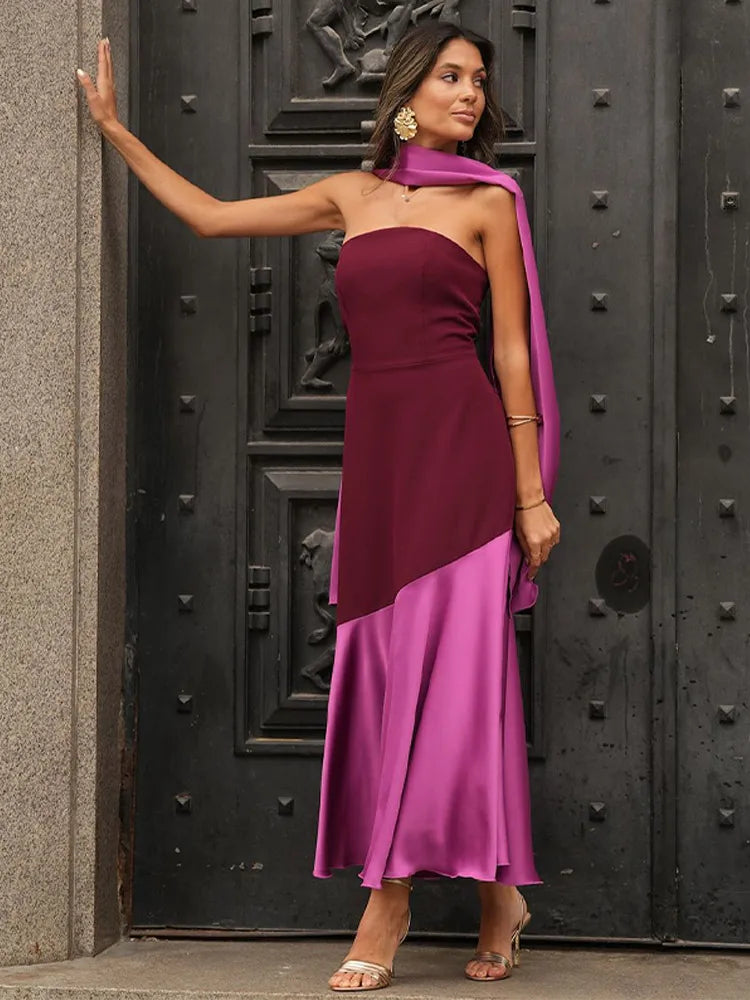 Sonicelife 2025 Chic Purple Shawl Collar Off Shoulder Maxi Dress Fashion Contrast Spliced Pleated Hem Backless Robe Lady New Party Dresses