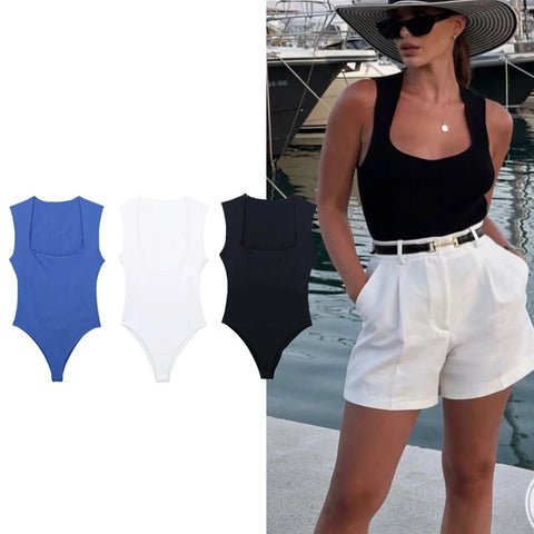 Sonicelife black body woman sleeveless white bodysuit women square neck summer one piece swimsuits sexy lingerie women's bodysuit