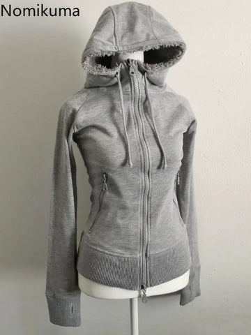 Sonicelife Grey Lamb Wool Double Zipper Hoodies Women's Clothes Slim Waist Hooded Vintage Y2k Coats Ropa Mujer Casual Fashion Sweatshirts