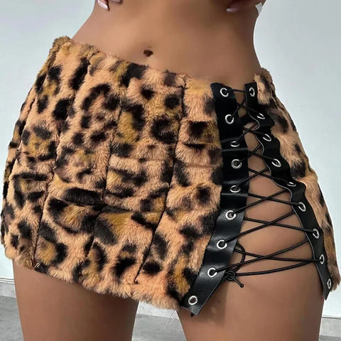 Sonicelife Sexy Women Leopard Furry Mini Skirts High Waist Side Lace-up Skirts Cosplay Party Lady Leather Patchwork Plush Bodycon Skirts