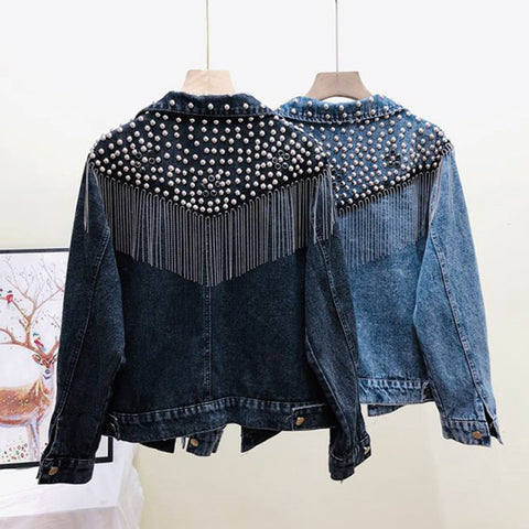 Sonicelife 2025 Autumn Streetwear Denim Jacket Women Hand-studded Rivet Tassel Chain Short Jeans Jacket Loose Vintage Casual Black Coats