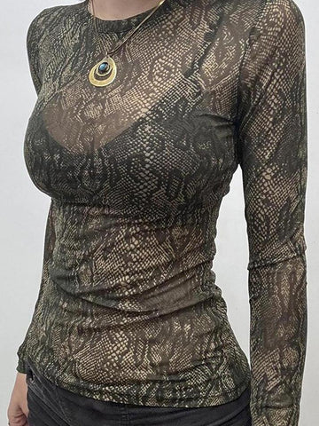 Sonicelife Sheer Snake Print Mesh Long Sleeve Top