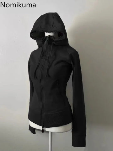 Sonicelife Grey Lamb Wool Double Zipper Hoodies Women's Clothes Slim Waist Hooded Vintage Y2k Coats Ropa Mujer Casual Fashion Sweatshirts