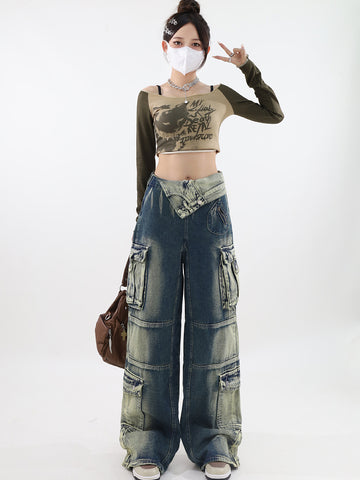 christmas outfit Sonicelife Women's Wide Cargo Jeans Fashion 90s Aesthetic High Waist Denim Trousers Harajuku Korean Baggy Jeans Pants Grunge 2000s Clothes