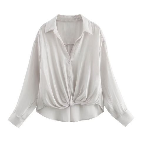 Sonicelife Women's new printed bow embellished shirt short single breasted silk satin long sleeved top