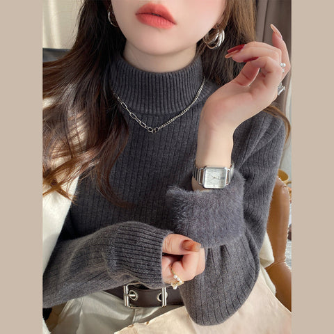 Black Friday Sonicelife Korean Solid Plush Turtleneck Sweaters Women Casual Slim Fit Thick Pullover Sweater Female Winter Fashion Warm Simple Tops