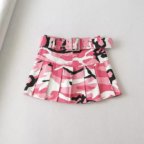 Sonicelife Summer Women Camouflage Pleated Mini Skirts Dance Lady School High Waist Belt Pink Camo Pleated Skirt Cosplay A Line Cute Skirts