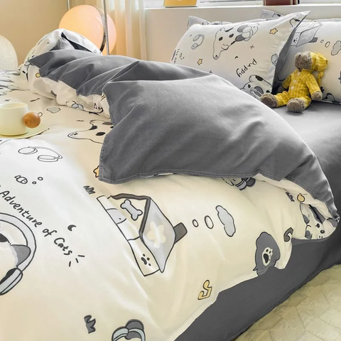 Sonicelife Cute Bedding Set Kawaii Cartoon Boys Girls Ins Duvet Cover with Zipper No Filler Flat Sheet Pillowcase Queen Size Bed Linens