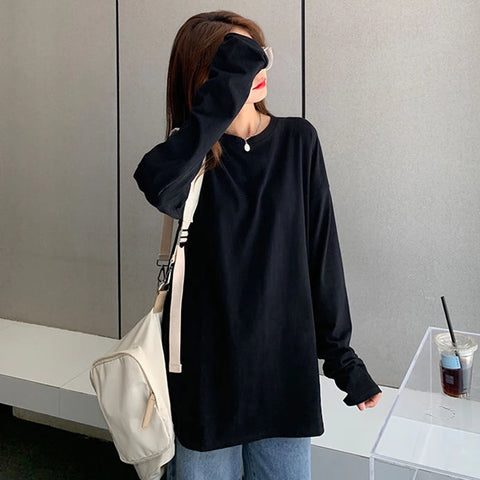 Sonicelife 100% Cotton Long Sleeve T Shirt Women Black Fashion Korean All Match Oversized Tee Autumn Streetwear Casual Loose Bf Female Tops