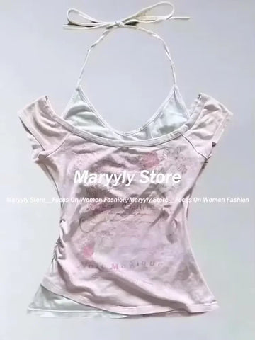 Sonicelife 2025 Summer Sexy One Shoulder Design Y2k Vintage T-Shirts Women Streetwear 2000s Casual Print Tees Korean Fashion Punk Crop Tops