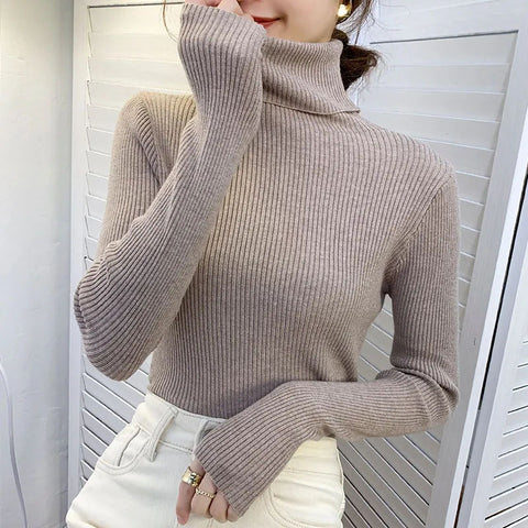 Black Friday Sonicelife Zoki Autumn Fashion Women Turtleneck Sweater Korean Long Sleeve Simple Basic Slim Elastic Jumper Solid Screw Thread Elegant Tops